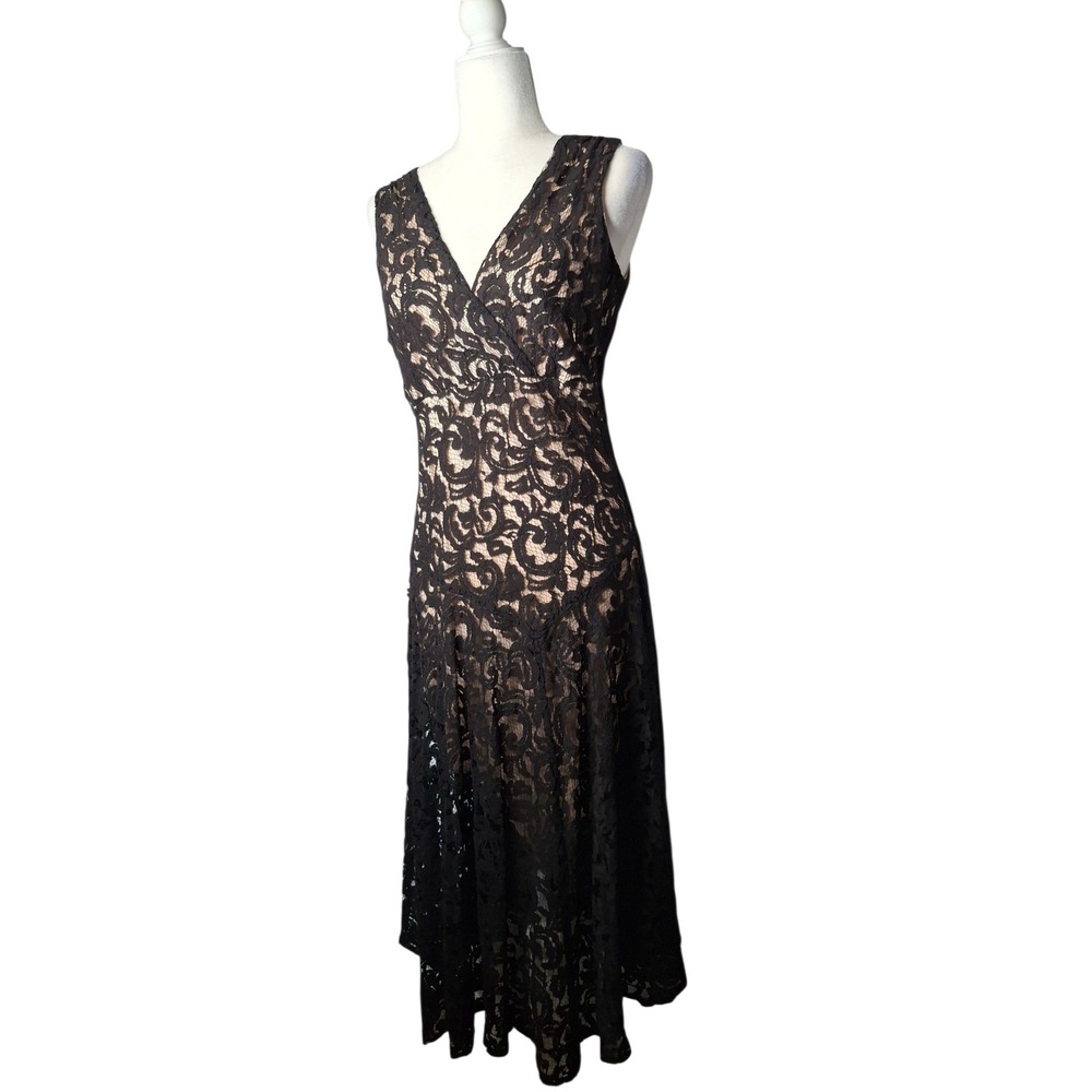 K Studio Collection Black Lace Surplice V-Neck Midi Dress Nude Lining Size 12 - Picture 2 of 16